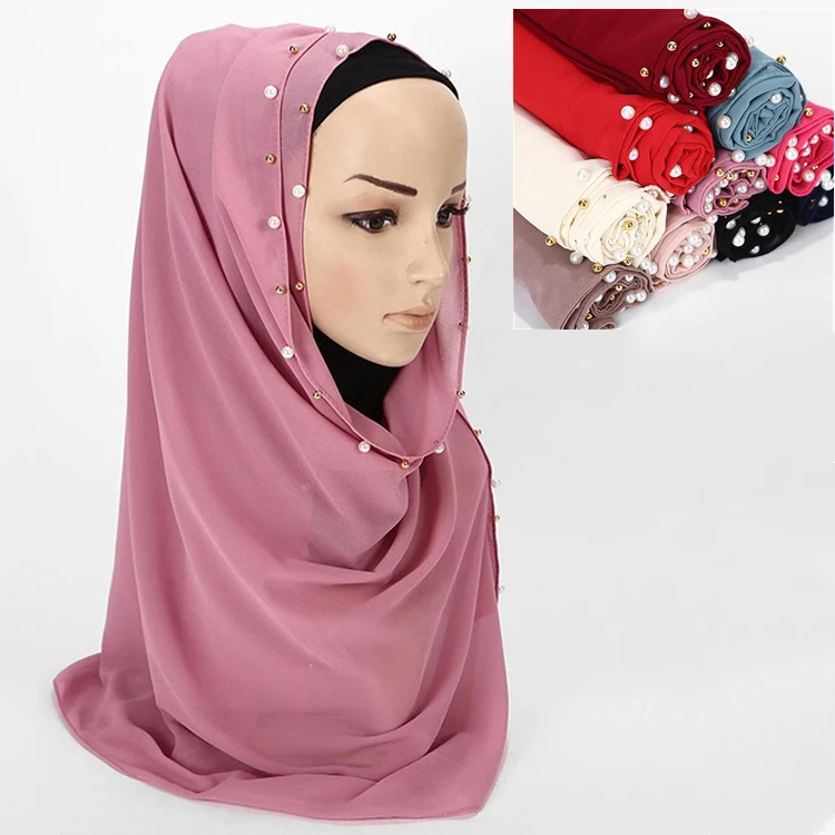 Wholesale Plain bubble pearl heavy chiffon instant scarf women soft muslim scarf shawl glitter hijab