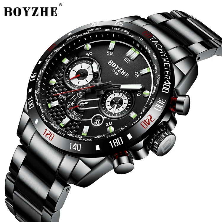 Boyzhe Mens Premium Black Dial Hardness Mineral Glass Mechanical ...