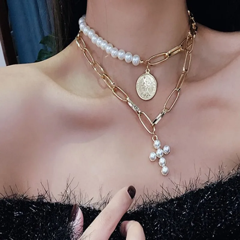 personalized gold chain multi strand pearl cross pendant necklace design vintage chocker statement necklaces