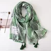 Hot selling Ladies polyester palm leaves print tassel scarf summer thailand hijab shawl in korean