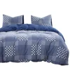 Checker Duvet Cover Set, 100% Jacquard Cotton Bedding, Gray Grey Grid Plaid Check Pattern on Denim Blue, Zipper Closure