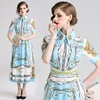 Vintage Women Short Sleeve Long Skirt Lady Slim One-piece Dress With Flower Pattern