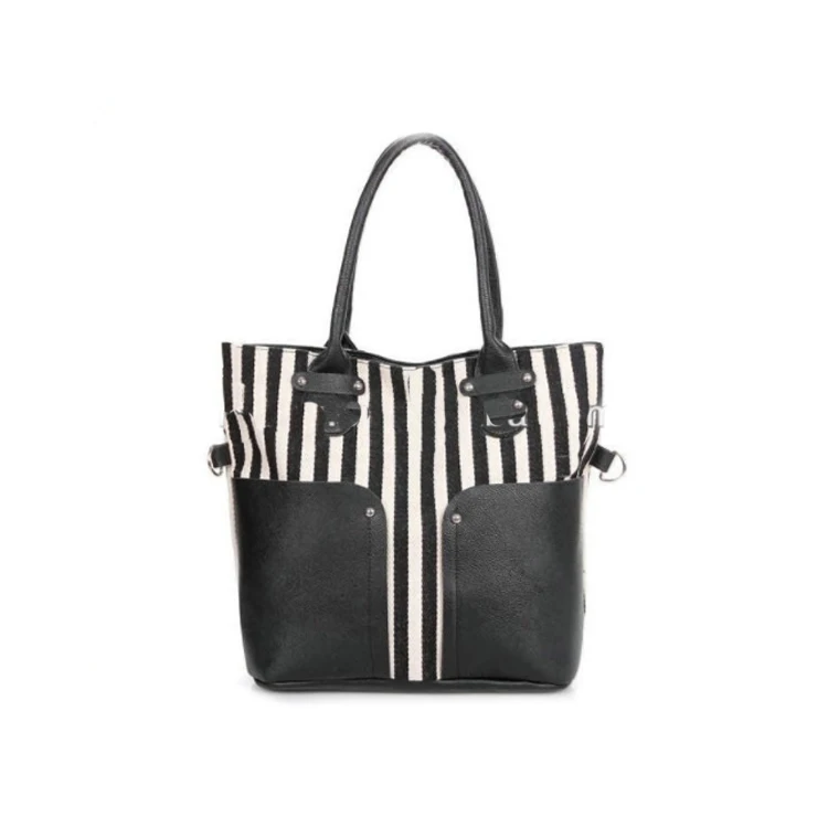 navy and white striped handbag