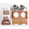 Wholesale Bamboo Elevated Dog Cat Food and Water Bowls Stand Feeder with 2 Stainless Steel Bowls and Anti Slip Feet