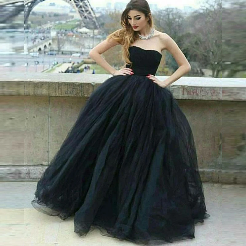 strapless black evening gown