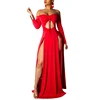 Hot Sale Attractive Red Solid Color Off-The-Shoulder Split Long Sleeve Maxi Long Dress