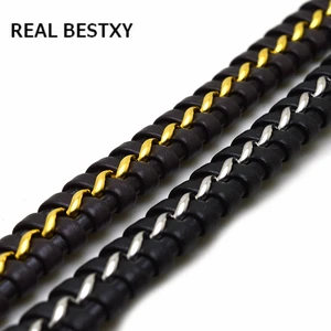 20cm Black Flat Leather Cord String Thread with steel chain for Necklaces Bracelets Jewelry Making Supplies for 12mm*6mm clasp