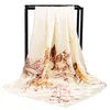Wholesale Peach blossom Floral Polyester square silk satin head scarf for women stylish