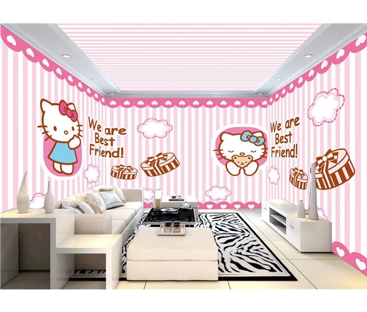 Custom Whole Room Wall Murals Cartoon Design Pink Style Hello