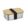 Bento Box Stainless Steel Wooden Lid Lunch Box,Simple Environmental Friendly 800ML Stainless Steel Square Box Bamboo Lid