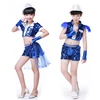 Sequined Children Latin Dance Costumes Blue Jazz Dance Top and Pants