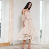 Nice off shoulder sleeveless female frock ruffle casual short front & long back boho women wrap dress lace