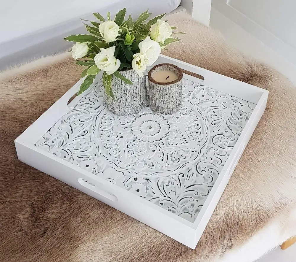 White Carved Wooden Decorative Serving Tray For Ottomans Buy