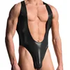 Sexy Men PVC Underwear Low Rise Thongs Sleeveless Erotic Leather Lingerie Nightwear Playsuit