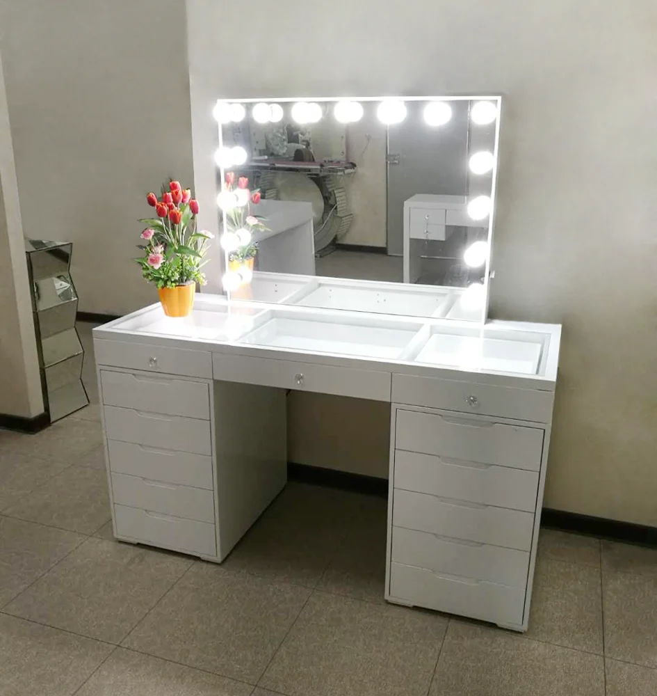 
13 drawers cheapest Makeup station vanity table with lighted mirror 