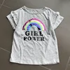 Custom Glitter Printing GIRL POWER Rainbow Sequin Flip T-shirt in Heather Grey