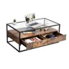 living room furniture industrial wood metal iron frame decoration center tea table glass top coffee table with 2 drawers