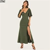 ZI 18295 Women's Solid Color V-neck Bottoming Dress Temperament 2019 Summer Classic Style Mid-length Dress