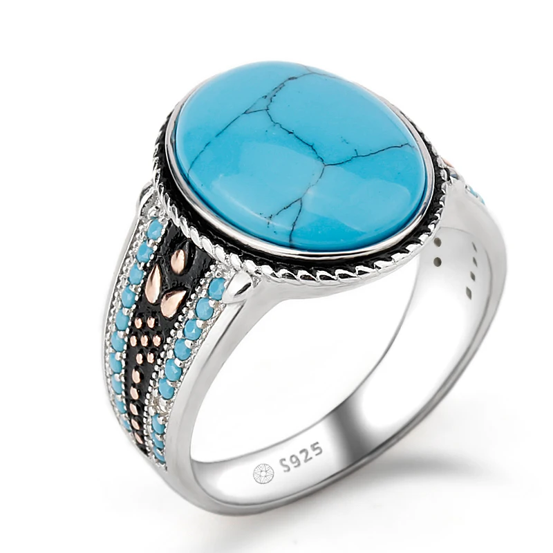 925 Man Turkish Big Turquoise Stone Wedding Engagement Jewelry 925 Sterling Silver Ring