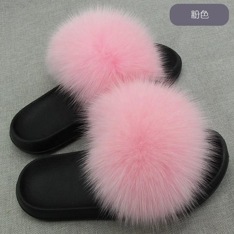 
Wholesale Women Real Fox Leather Grass Slippers Indoor Home Fur Slippers With Pink, White, Black, Gray Color 