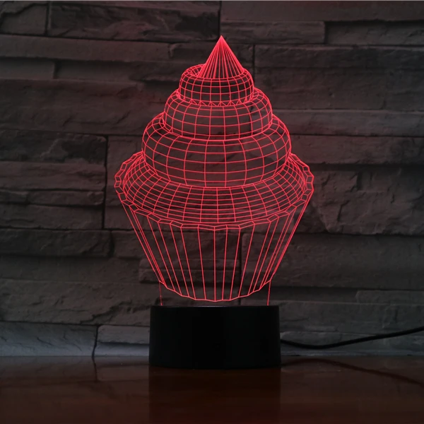 Delicious cupcake dessert food shape 3D Lamp 3D illusion black plastic base 7 color light Christmas day birthday gift