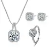 Fashion Square Shiny Zircon Diamond Copper Alloy Necklace Pendant Earrings Stud Sliver Rings Jewelry Set