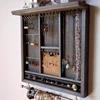 Jewelry organizer earrings display necklace holder gray stain with shelf wooden wall mounted