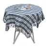High quality home kitchen decor cotton and polyester fabric white blue checker dinner table cover tassels table cloth cotton