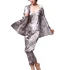 OEM Summer Luxury Print Women Sexy Long sleeves 3 Pieces Silk Satin Robe Set with Pjs Pants