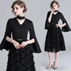 2019 Round Collar Opened Sleeve Party Dress Lady Middle Length Lace Tassel Skirt