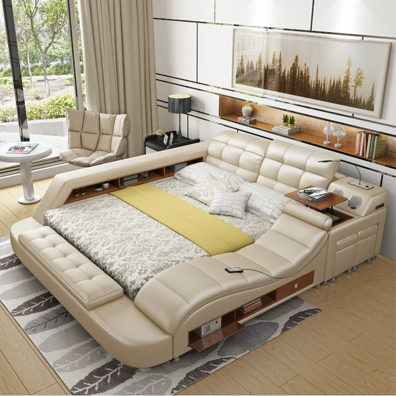 
modern white leather King bed Massage music Leather bed 