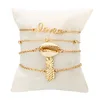 Gold Plated Pineapple Letters Cowrie Paua Shell Charms Beads Rope Bracelet Set For Women