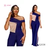 S2038 Women elegant contrasting color sloping shoulder flare jumpsuit