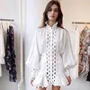 MIGO new style shinny white long sleeve ventilate lace elegant mini fishtail runway dress for women wear A2714