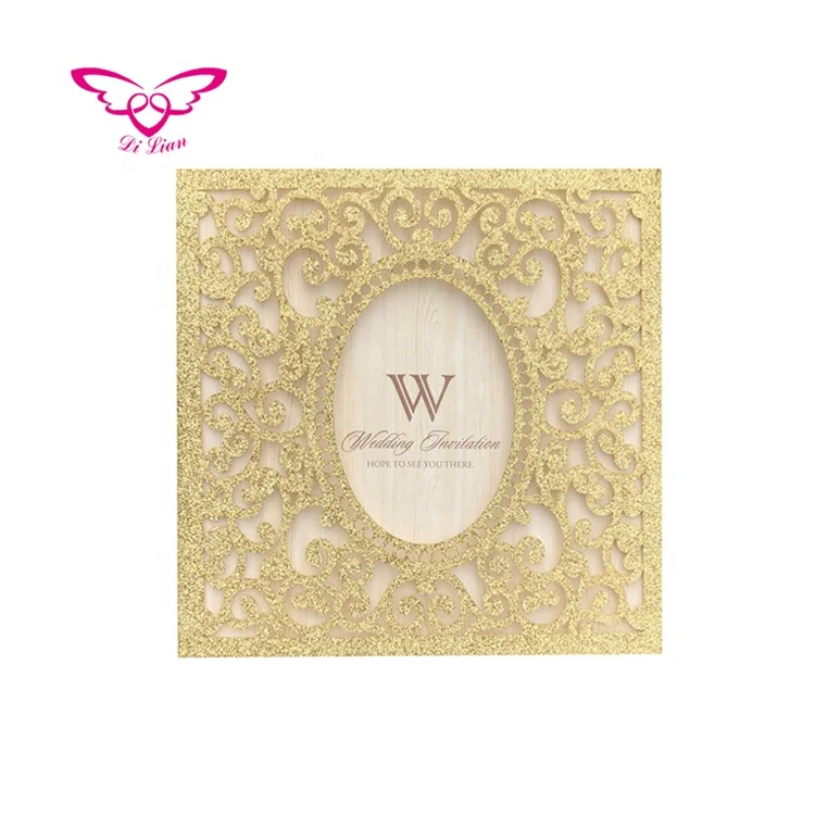
Laser Cut Gold Glitter Paper Wedding Invitation Card 