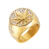 18K Gold Plated Hip-hop Jewelry Leaf And Cross Shape Micro Pave Setting Crystal Titanium Steel Big Rings For Man