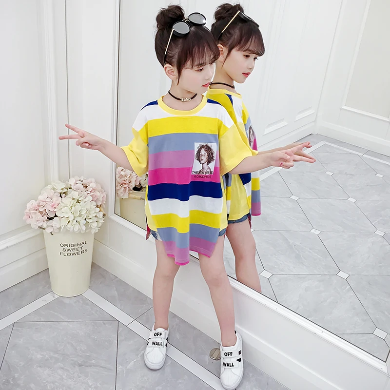 
Fashionable Girls Summer Rainbow T-shirt Dress Kids Cotton Fabric Short Sleeve T-shirt 