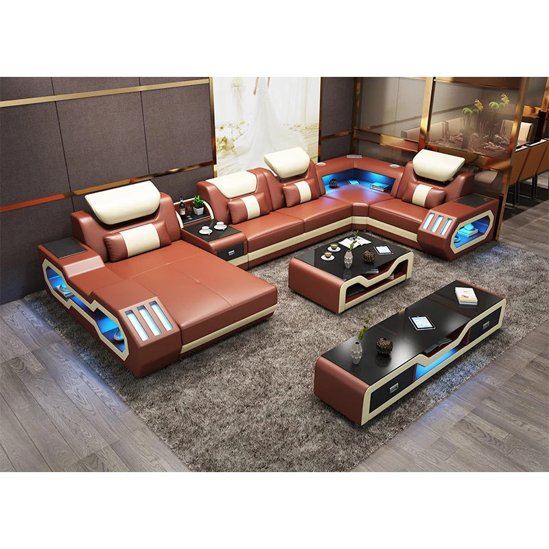 modern designs genuine leather sofa set furniture, u shaped living room furniture sectional sofa