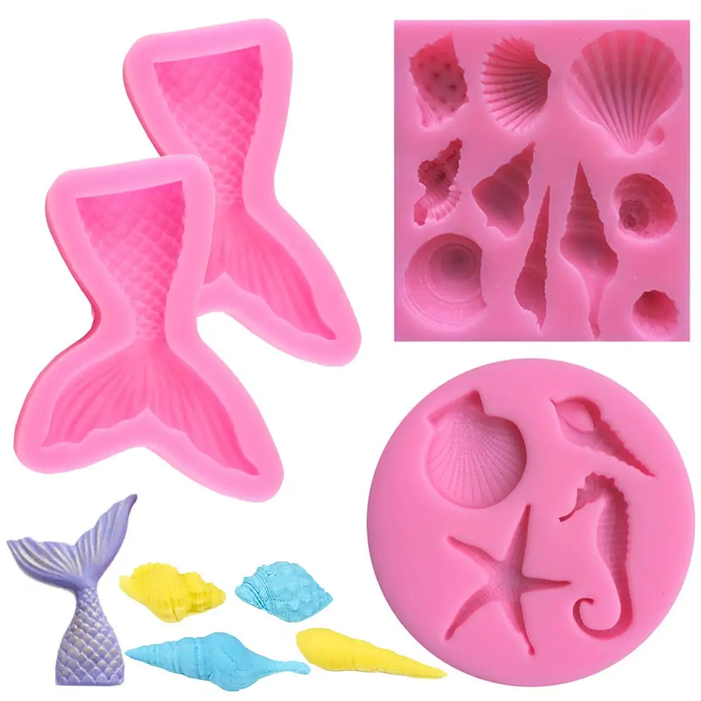 Seashell and Mermaid Tail Molds Sea Life Style Starfish Hippocampus Wholesale Silicone Jelly Sugar Chocolate Fondant Molds