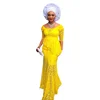 South African Nigerian Women Evening Dress Bright Yellow Full Lace Peplum Formal Party Prom Gowns 2018 With Sleeves