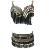 PRofessional Crisp Sound Shell and coin tribal tassel bra and belt set for belly dance