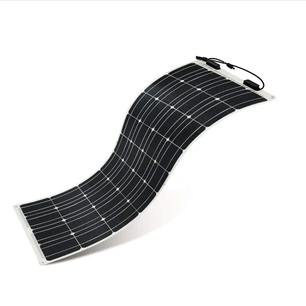 Close-up of MC4 connectors and bypass diodes on 100W monocrystalline solar panel backsheet