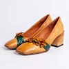 Wholesale Ethnic Flowers Camel Genuine Leather Ladies Block Heel Pumps