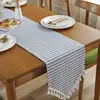 Striped fringed cotton linen simple American Christmas decoration table runner
