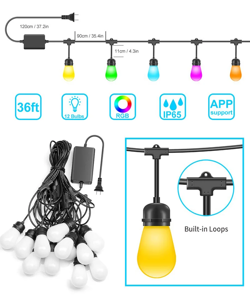 Rubber Material 36 Ft t12 Bulbs Dimmable Color Changing Hanging Light for Patio Commercial Grade Party Holiday