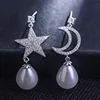 Wedding New Fashion Copper Zircon Shining Star Moon Hanging With Natural Pearl Drop Earring