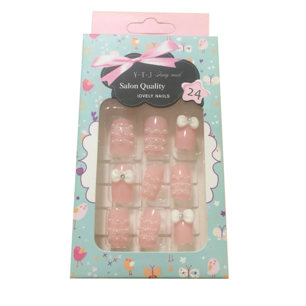 A16 Wholesale Pink Girls Fake Nails Tips 3d Bride Fake Nails Pre Design Back Glue Full Cover