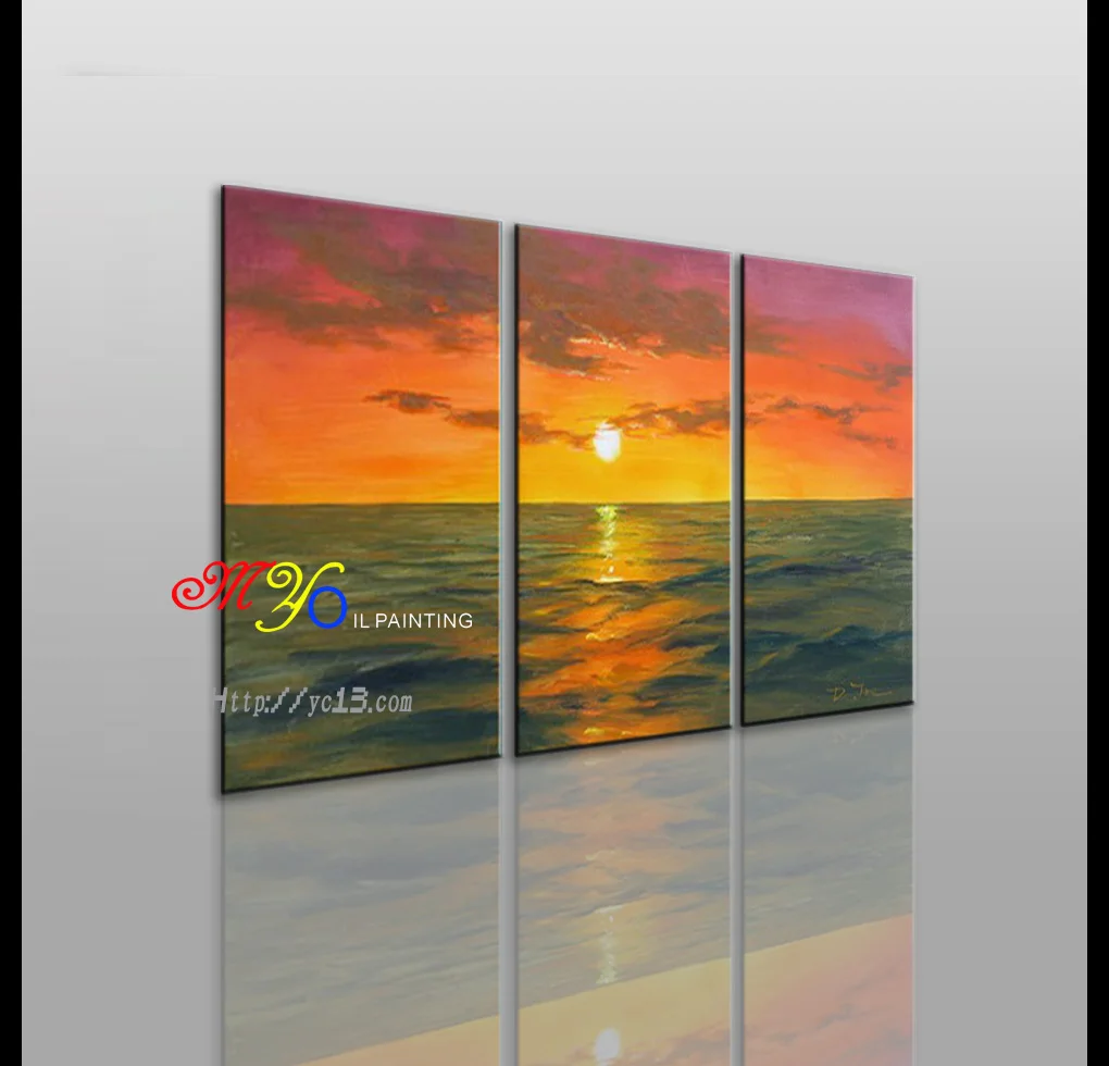 Pemandangan Laut Matahari Terbit Adegan 3 Panel Lukisan Cat Minyak