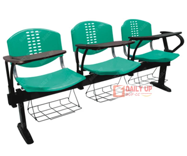 School 3 Seat Chair Sturdy Institutional Bench Chair Lecture Hall Writing Pad Link Chair with Book Rack