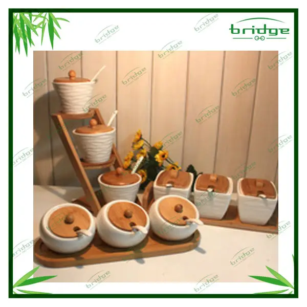 Interior Kitchen Accessories Sets hot sale nature bamboo wooden new design kitchen accessories spice jar sets with cover and holder
